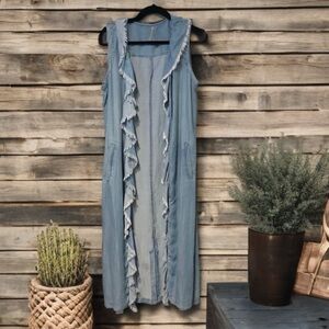 Billy T Chambray Sleeveless Long Vest Duster with Frayed Edges Back Slit | Large